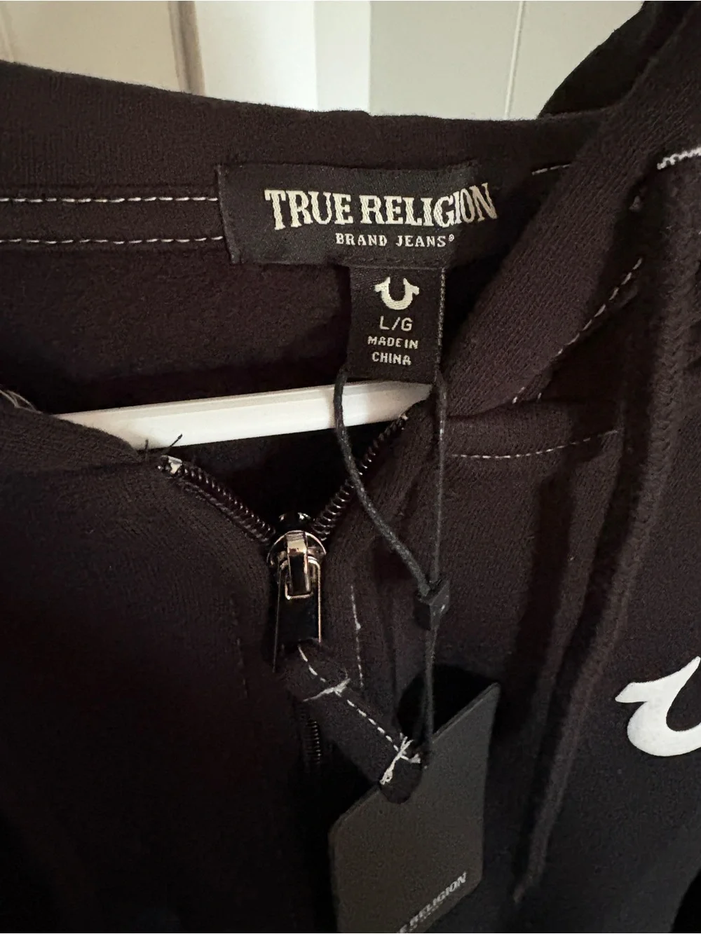 True Religion Men's Large Black Zip-Up Hoodie with White Horseshoe Logo